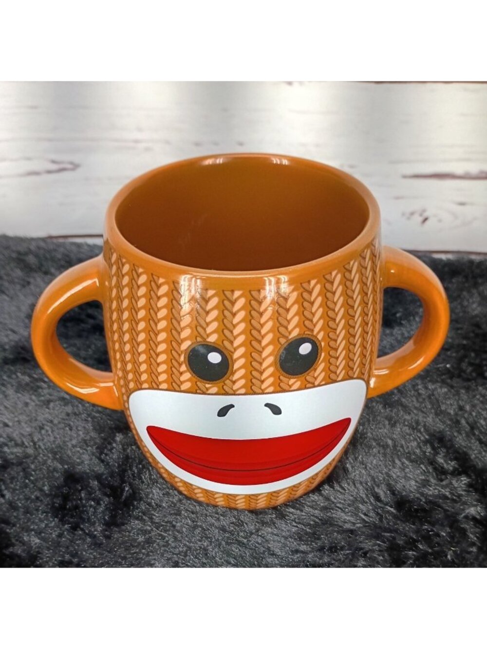 Vintage Galerie Sock Monkey Double Handle Porcelain Cup Mug
